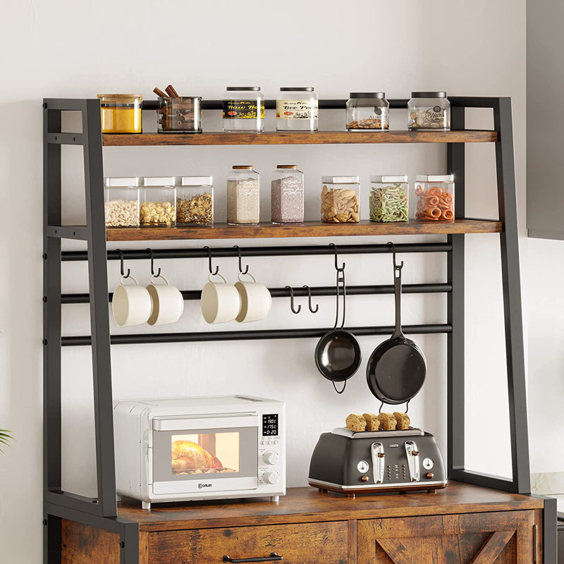 Tierone Baker s Rack Coffee Bar Cabinet Farmhouse Microwave Stand With Wine Rack Storage Drawer And 8 Hooks Bakers Racks For Kitchens With